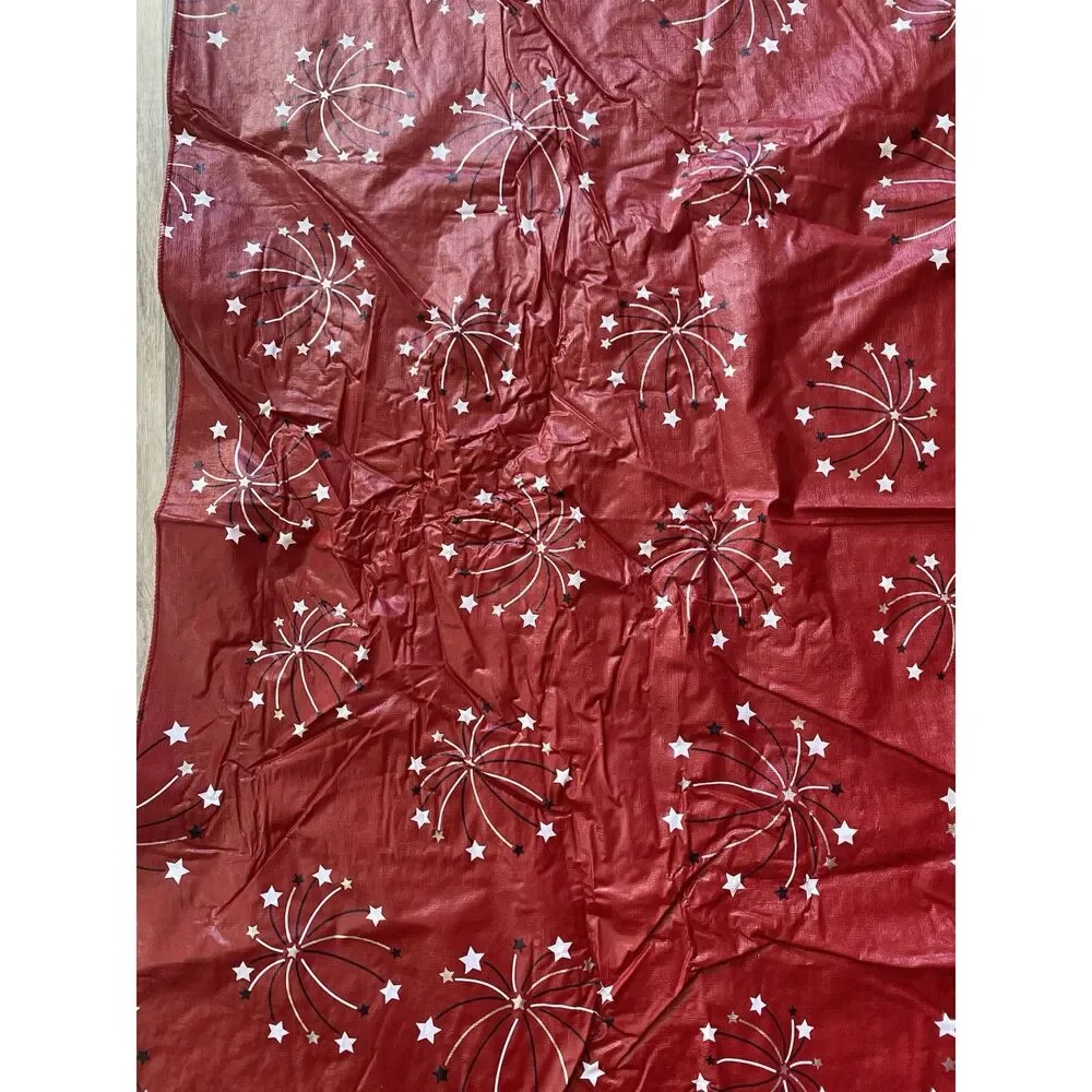 Vintage Fireworks 4th Of July Vinyl Flannel Backed Tablecloth Oblong 59”x82” Red